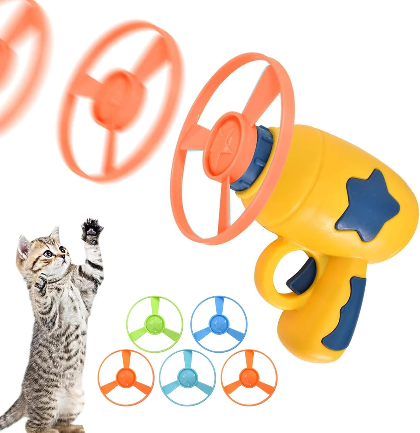 Cat Fetch Toy, Cat Toy, Pet Toy, Colourful Flying Propeller Disc Cat Toy, Chasing Saucer with 1 Launcher and 5 Propellers, Random Colour, Kitten Tracking Toy image number 1