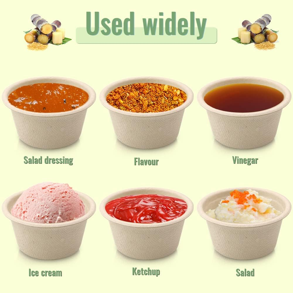 Leonbach 100 Pack Natural Bagasse Fiber Bowls 2Oz Disposable Paper Cups Microwavable Safe Sample Snack Charcuterie Serving for Sauce Portion Ice Cream Pet Food Desserts