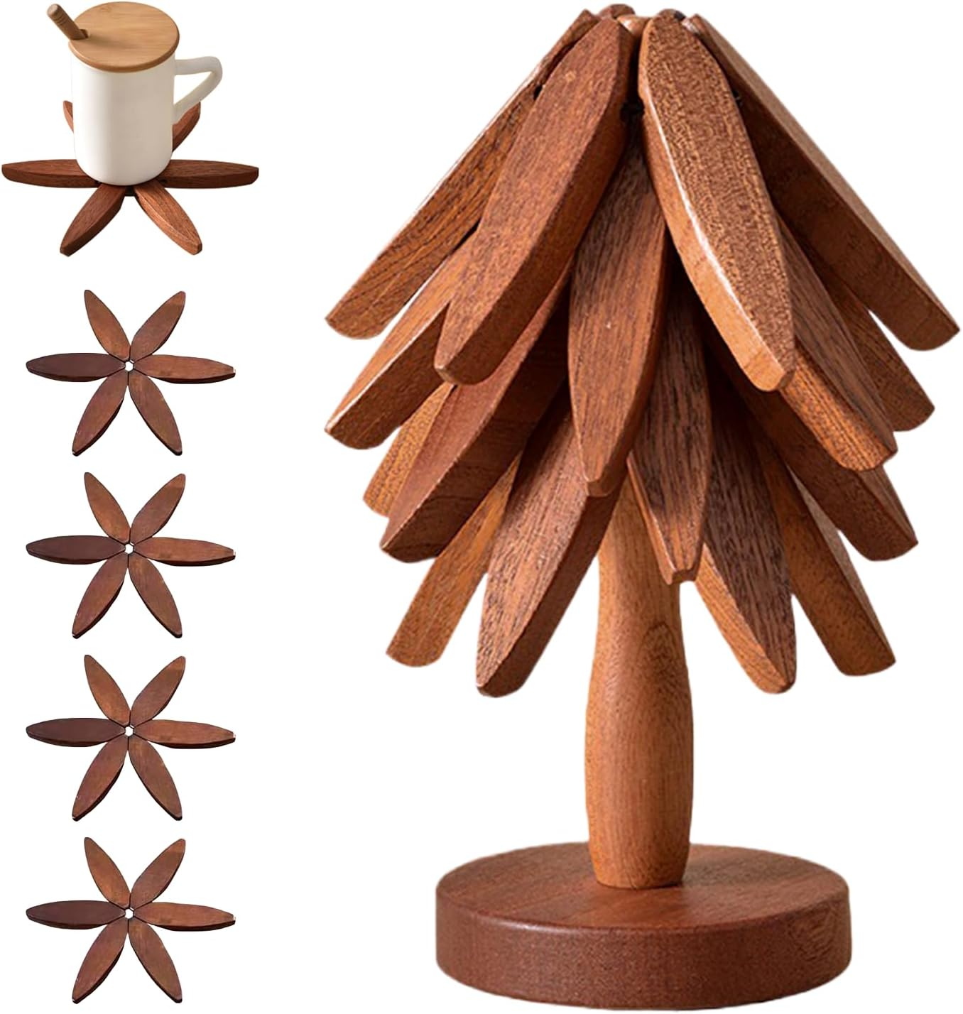 Wooden Trivets for Hot Dishes - Tree Shape Set with 4 Trivets + 1 Stand, Stored like a Christmas Tree (Walnut Wood)