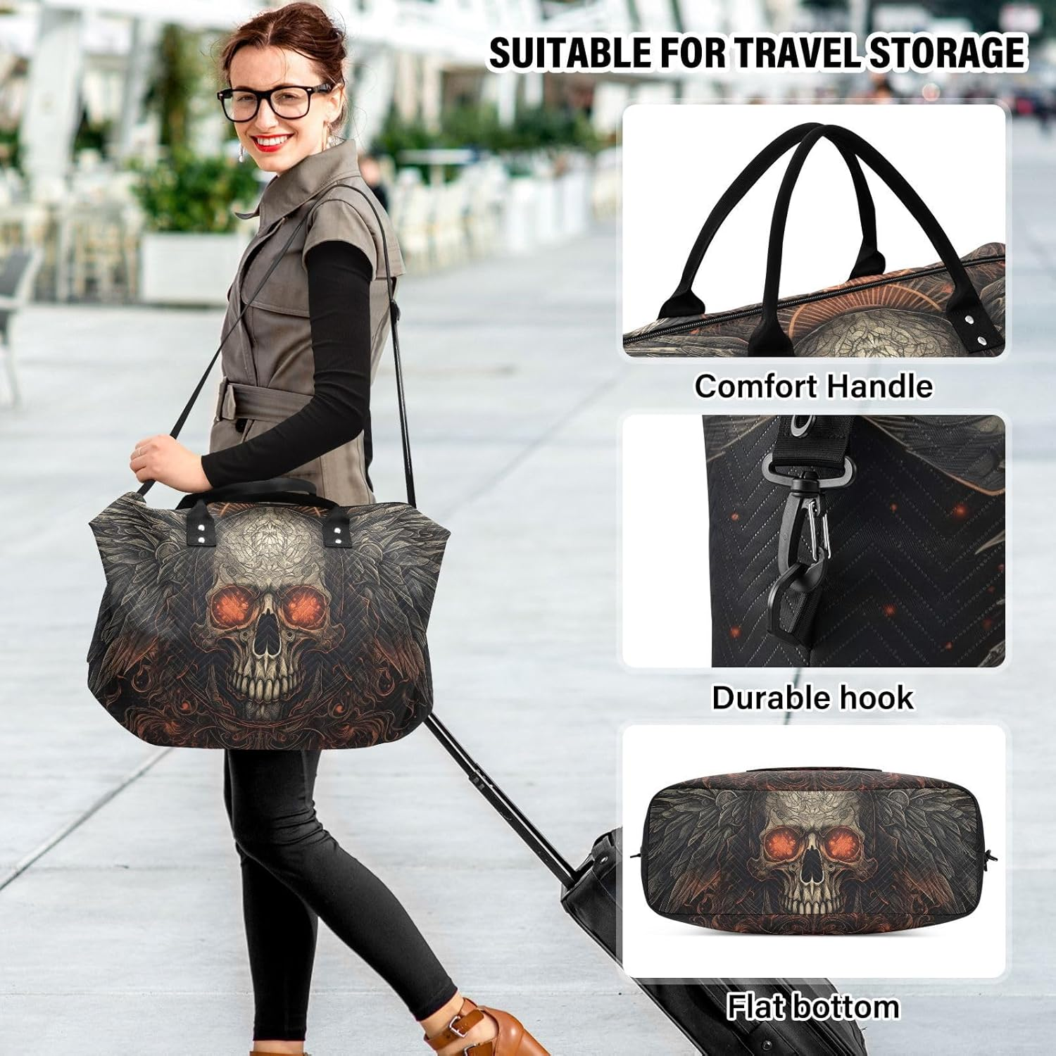 WOIWB Duffel Bag Set with Toiletry Bag for Travel Gym Sport, Luggage Sleeve Weekender Bag Carry on Overnight Bag-Gothic Skull with Wings Print, Multicolor, 20.5 X 7.9 X 13.8 Inches+9.1 X 3.5 X 5.9 image number 3