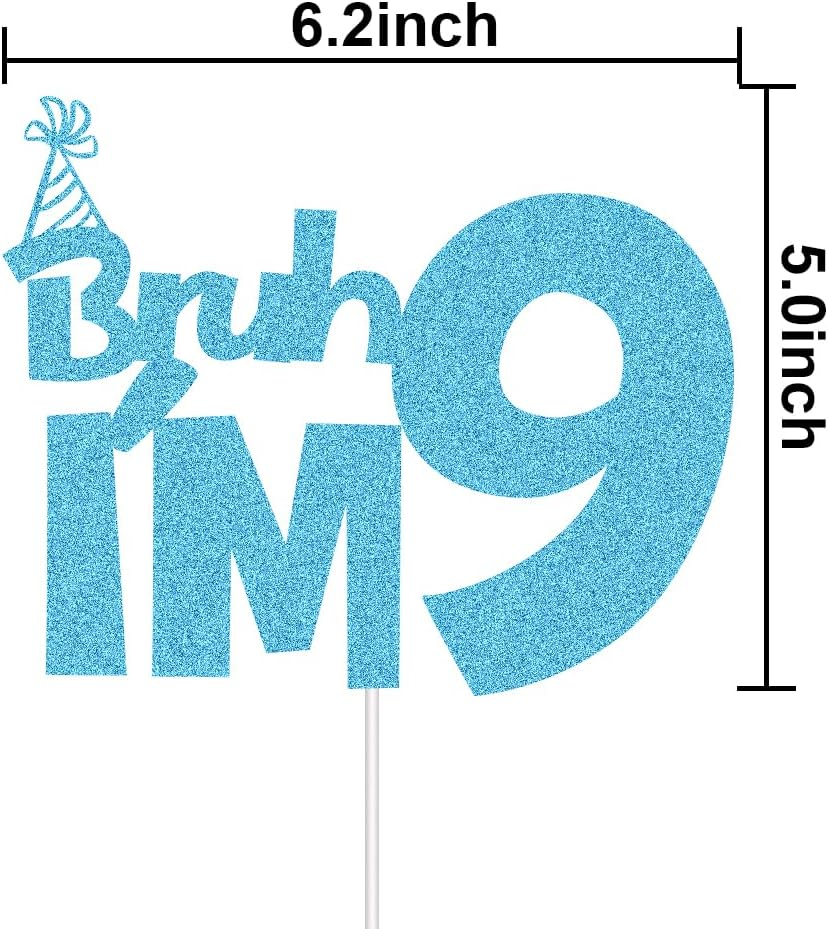XIUHUBA Bruh I'M 9 Cake Topper, Happy 9Th Birthday Cake Decor, Kids Boys 9Th Birthday Party Decorations, Funny Nine Years Old Birthday Party Supplies Blue Glitter image number 5
