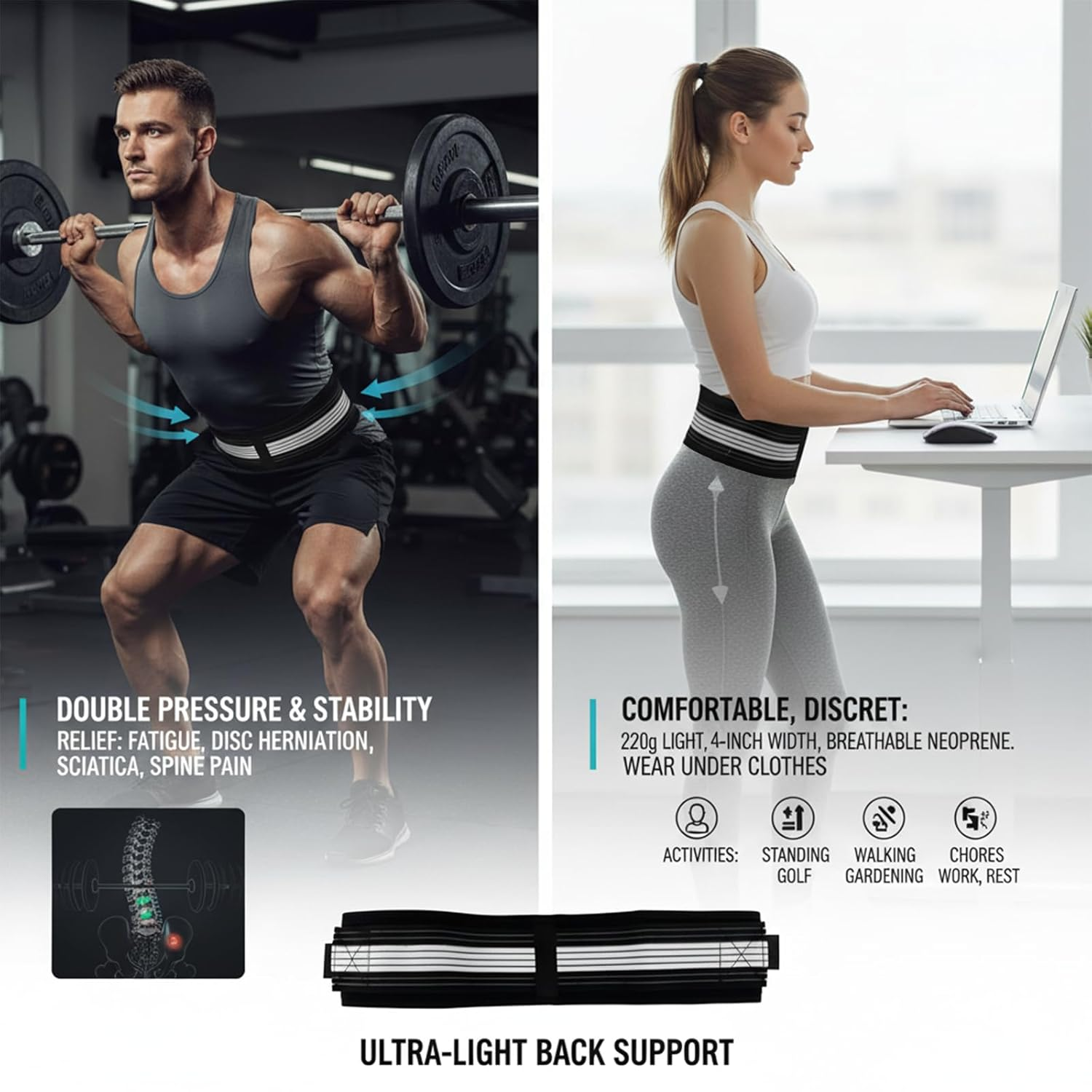 Lumbar Support Belt for Back Pain Relief - Adjustable and Breathable Back Brace, Dual Elastic Straps, Suitable for Women & Men - Lightweight & Durable, Compatible with All Genders and Ideal for Work, Exercise & Daily Use - Ermaoo image number 3