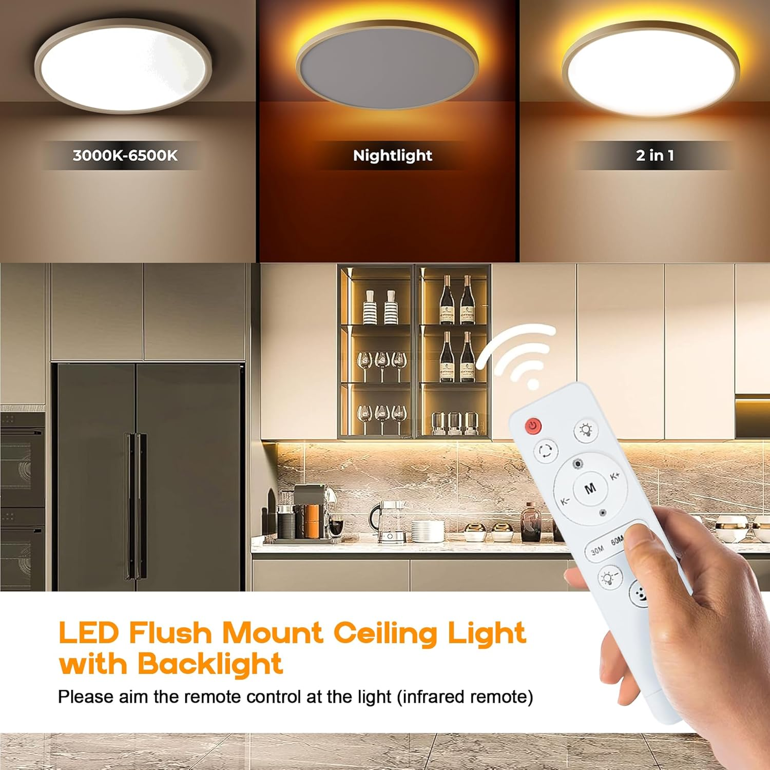 Anyuainiya 12 Inch LED Flush Mount Ceiling Light Fixture with Night Light, 24W 2400LM 3000K/4000K/6500K Selectable Dimmable Light Fixtures with Remote Control for Bedroom Livingroom Bathroom Kitchen image number 1