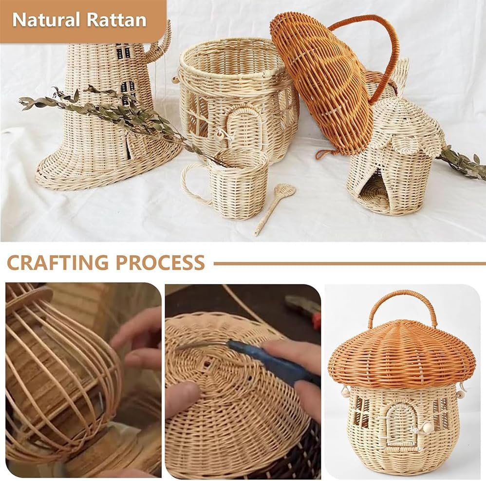Mushroom Basket with Lid,Handwoven Decorative Storage Box,Decorative Woven Handle Basket Fruit Baskets,For Bedroom,Closet,Shelves,Laundry & Toy Storage,Photography Props,Eco-Friendly & Durable image number 1