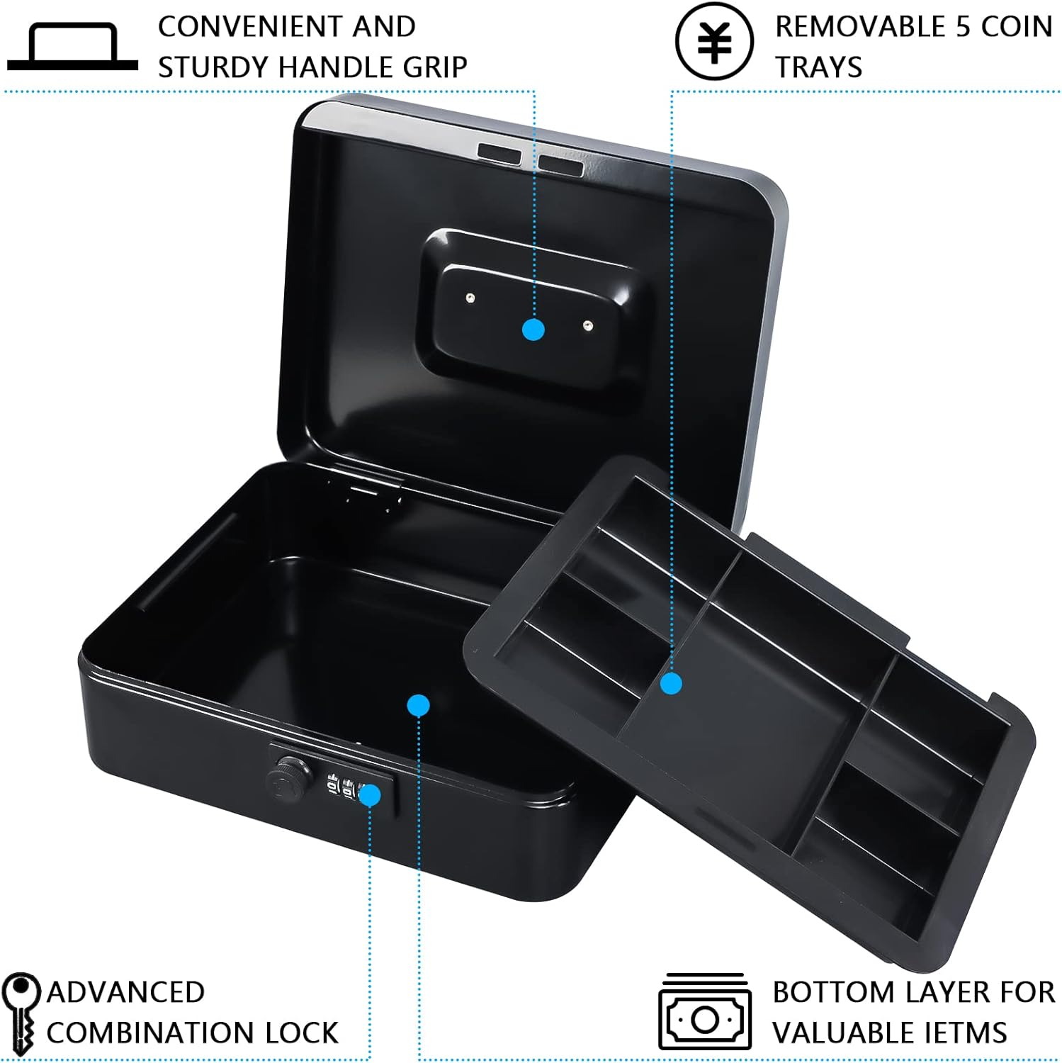 Cash Box with Combination Lock Safe Metal Money Box with Money Tray for Security Lock Box Black image number 1