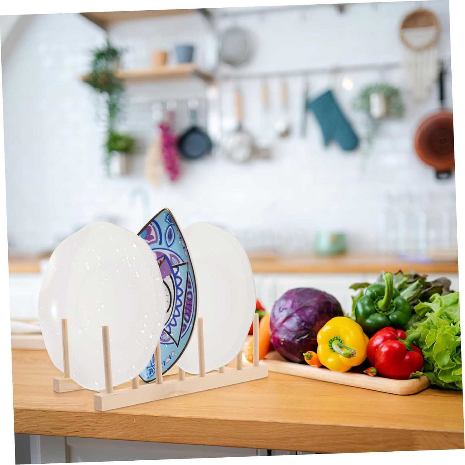 LABRIMP 3Pcs Wood Dish Drying Rack Wooden Storage Holder Organizer for Plate Bowl Cup Book Pot Lid Cutting Board Drying Rack Stand Holder image number 5