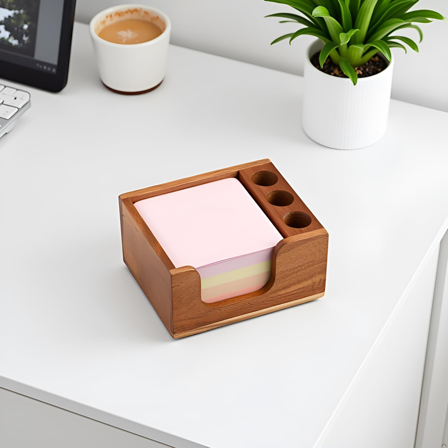 Acacia Wood Sticky Note Holder with 3 Pen Holders, 3X3 Post It Note Dispenser with Anti-Slip Pads, All-In-One Wooden Desk Organizer for Office Home School (4.0&ldquo;X3.5"X2")