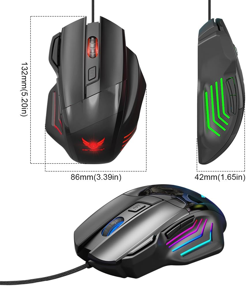 Gaming Mouse, Quiet Wired Mouse, RGB Backlight and 2400 Adjustable DPI, Ergonomic and Lightweight USB Computer Mouse with High Precision Sensor for Windows PC & Laptop Gamers (Black) image number 1