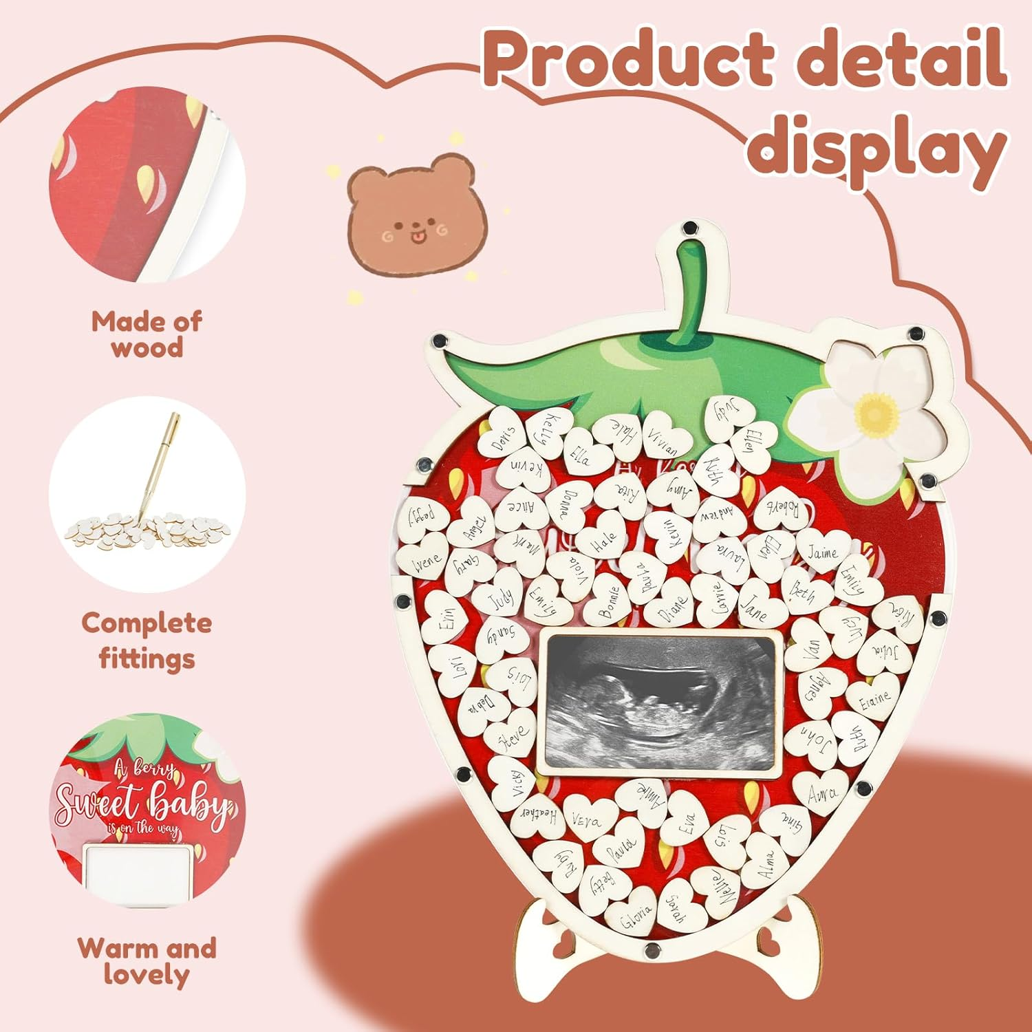 Strawberry-Themed Baby Shower Decor Kit - Includes Wooden Guest Book & Photo Frame | Gender-Neutral Berry Sweet Baby Party Set (60 Natural Wood Slices) image number 2