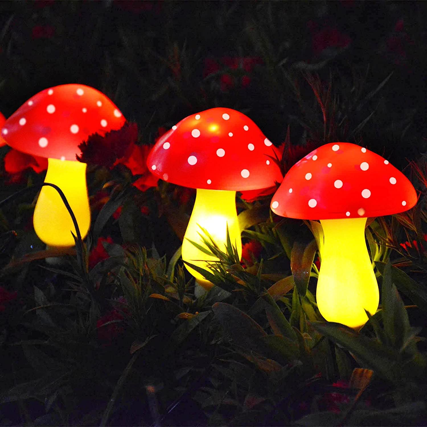 New Upgraded Waterproof Solar Mushroom Lights Outdoor Decor, 8 Modes for Garden Pathway Landscape Yard Easter Pathway Halloween Xmas Decorations, Set of 6 Red image number 3