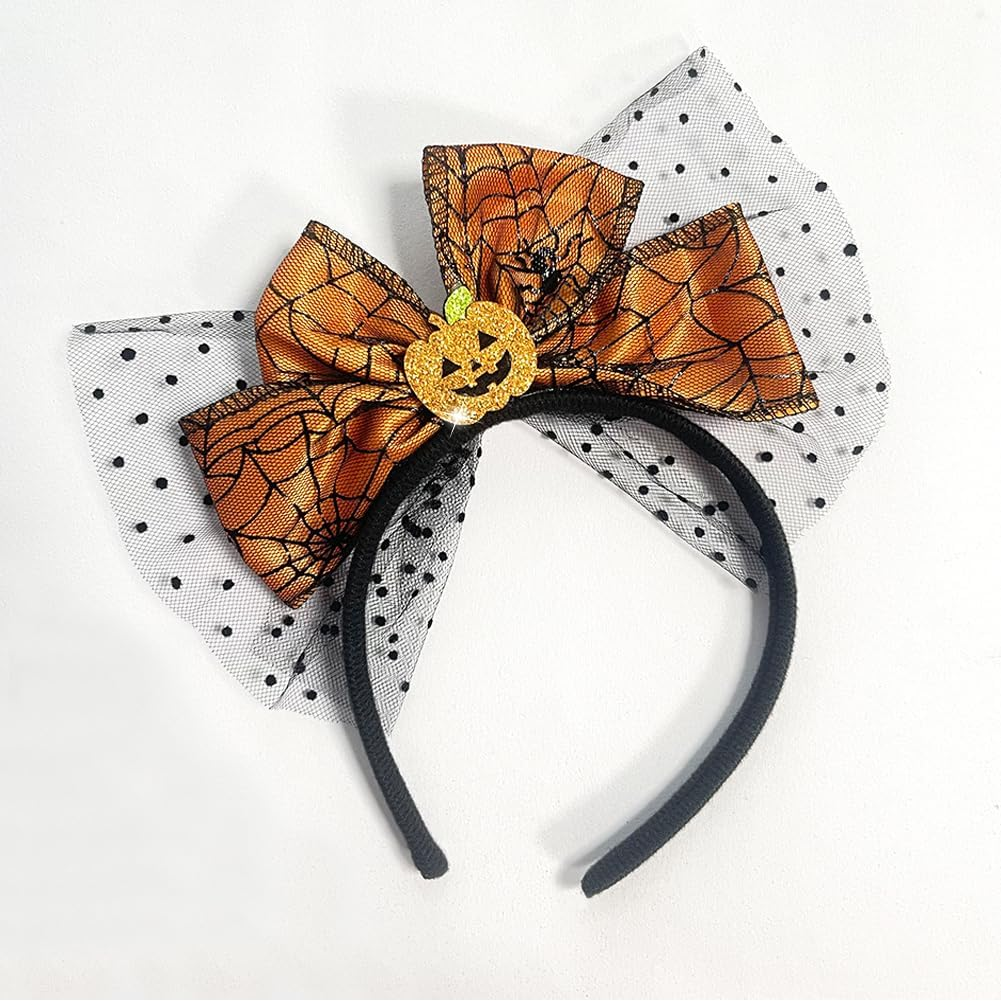Happy Halloween Headband Pumpkin Bow Hair Accessories for Woman Halloween Party Headbands Decor Cute Pumpkin Mesh Design Headwear Hair Hoop for Fall Hair Decorations