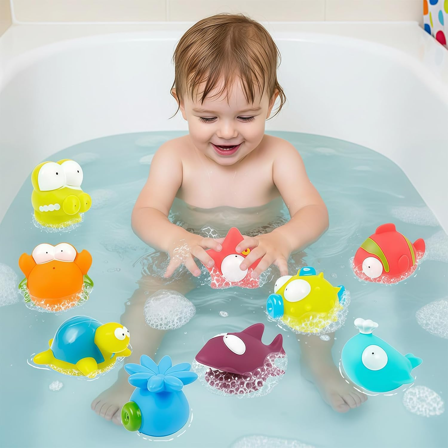 Bath Toys 9PCS - Squeezable Ocean Animals for Toddlers 1-3, Bathtub & Pool Water Play, Cute Sea Creature Squirt Toys, Fun Bath Time & Swim Learning for Babies