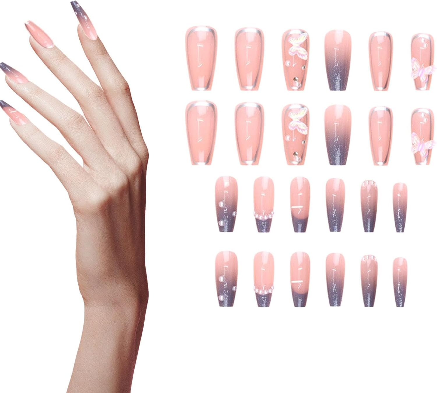 Iouyjiu Press on Nails, Artificial Fake Nails, French Style Nail Set, Adorned with Bows, Includes Manicure Stickers 24 Piece Kit Perfect for Kids and Nail Arts, 30G