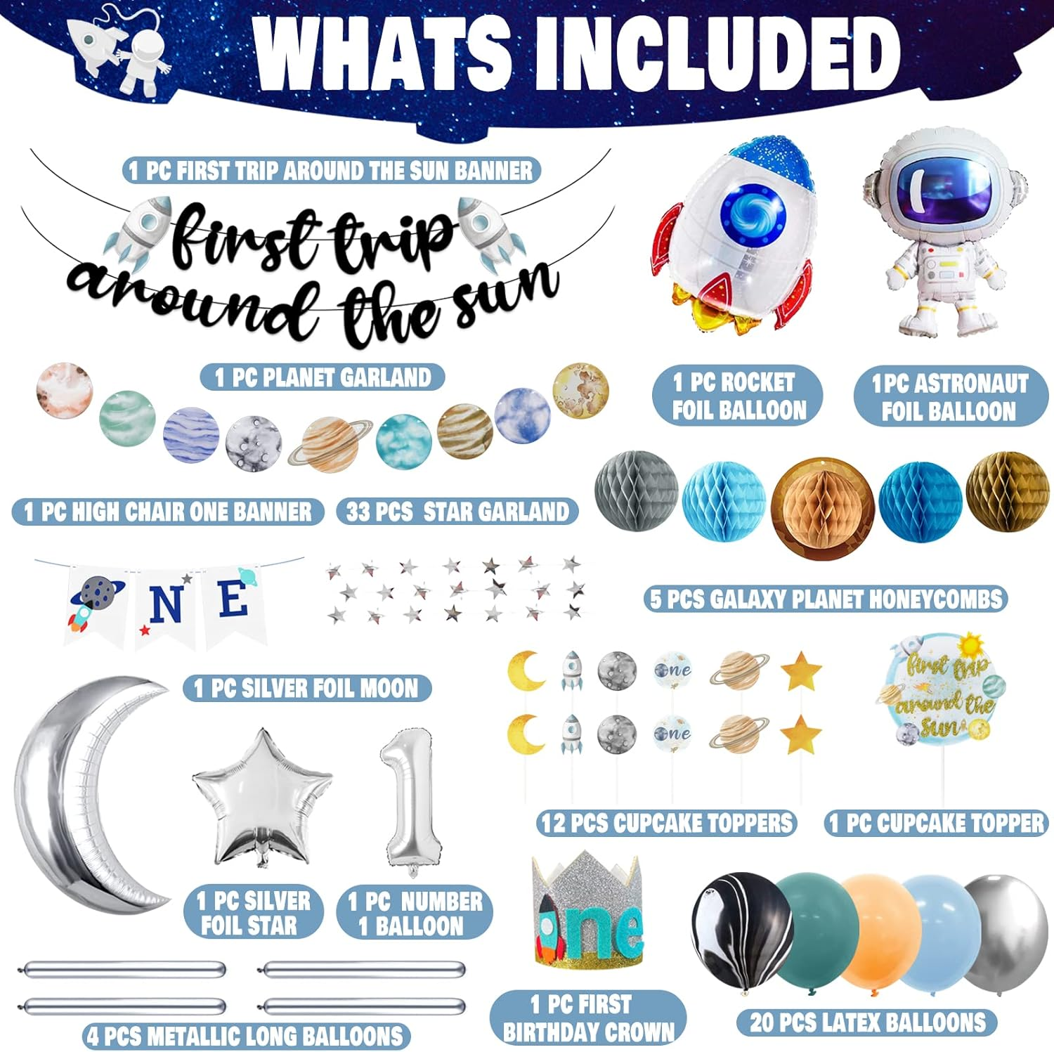 First Trip around the Sun Birthday Party Decoration Pack,1St Baby Shower Birthday Party Supplies(Including Banner, Star Garland, High Chair ONE Banner, Cake Toppers, Latex and Foil Balloons, Felt Hat) image number 1