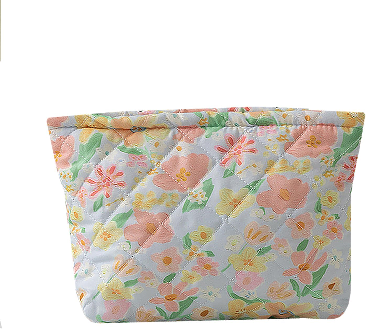 Quilted Makeup Bag, Cute Floral Cosmetic Bag for Women, Cotton Make up Bag, Flower Travel Toiletry Bag Organizer Large