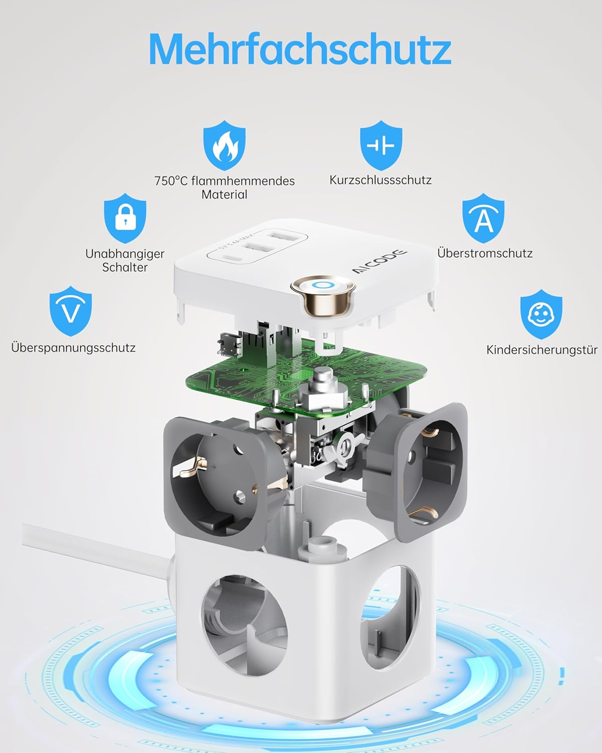 Multiple Socket Cube with USB 3 Way Power Strip with 3 USB (1 Type C) & Switch, 3680 W, 1.5 M Cable - Ideal for Office, Home & Travel, White