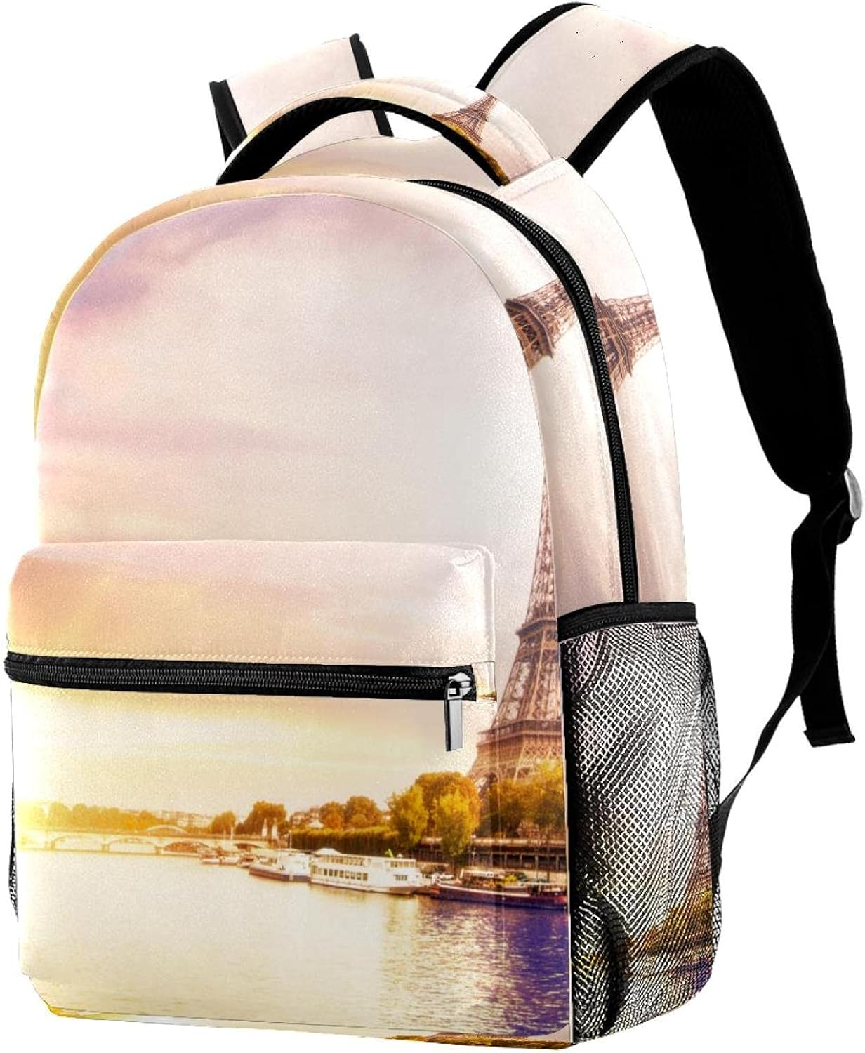 Eiffel Tower with Boats on Seine River in Paris Romantic Sunset Background Backpack Students Shoulder Bags Travel Bag College School Tote Backpacks