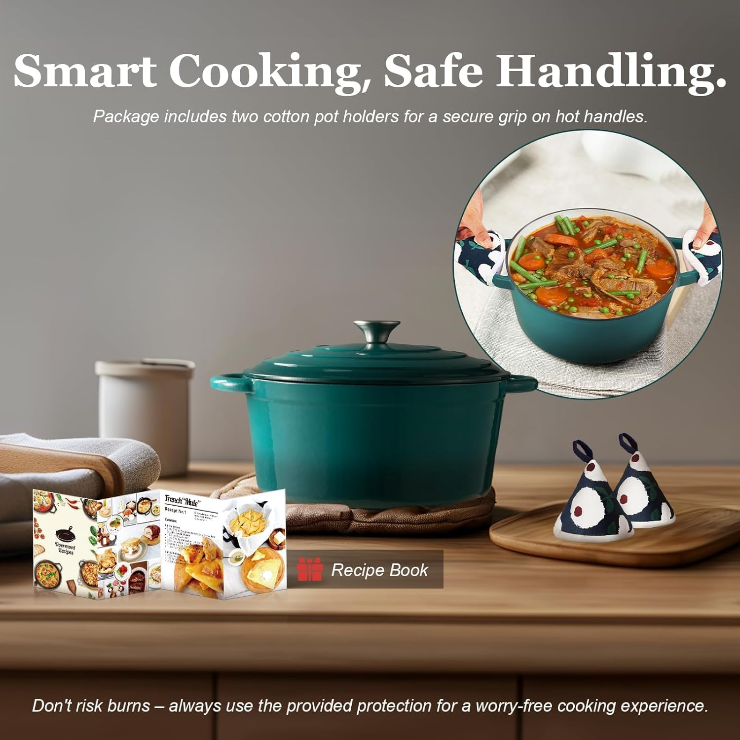 Overmont Enameled Cast Iron Dutch Oven - 5.5QT Pot with Lid Cookbook & Cotton Potholders - Heavy-Duty Cookware for Braising, Stews, Roasting, Bread Baking Bottle Green - Bottle Green image number 5