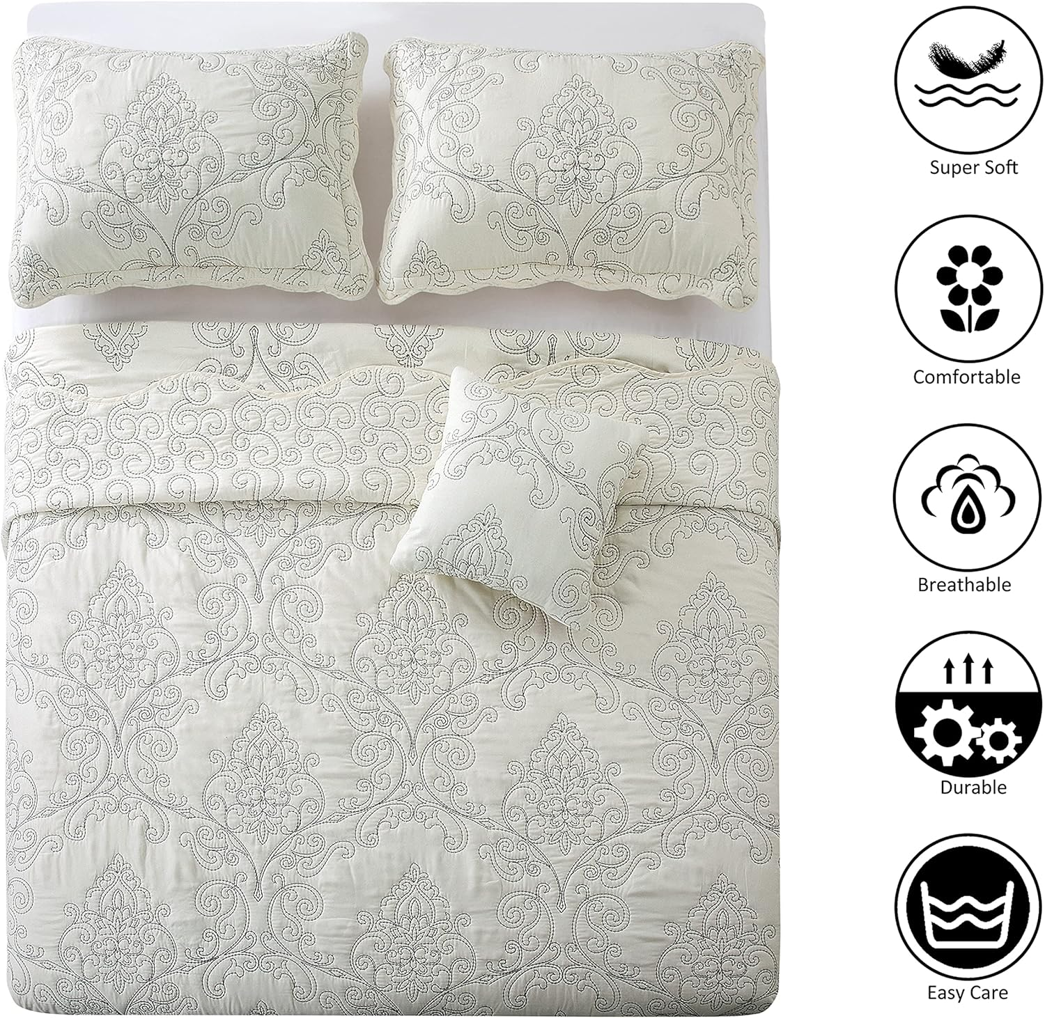 Serenta Damask 4 Piece Bedspread Set, King, Antique White image number 5