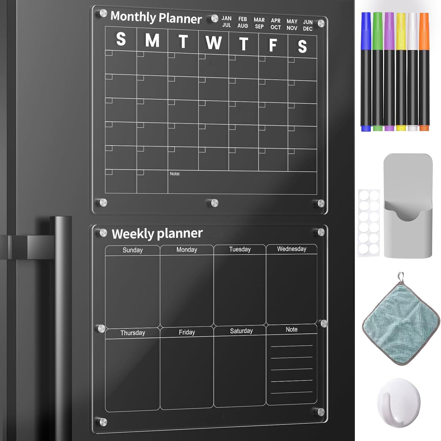 Clear Acrylic Magnetic Calendar for Fridge - 2Pcs 16"X12" Magnet Monthly and Weekly Wet Erase Board for Refrigerator Reusable Planner Includes 6 Colorful Markers,Magnetic Pen Holder and Erase Towel image number 6