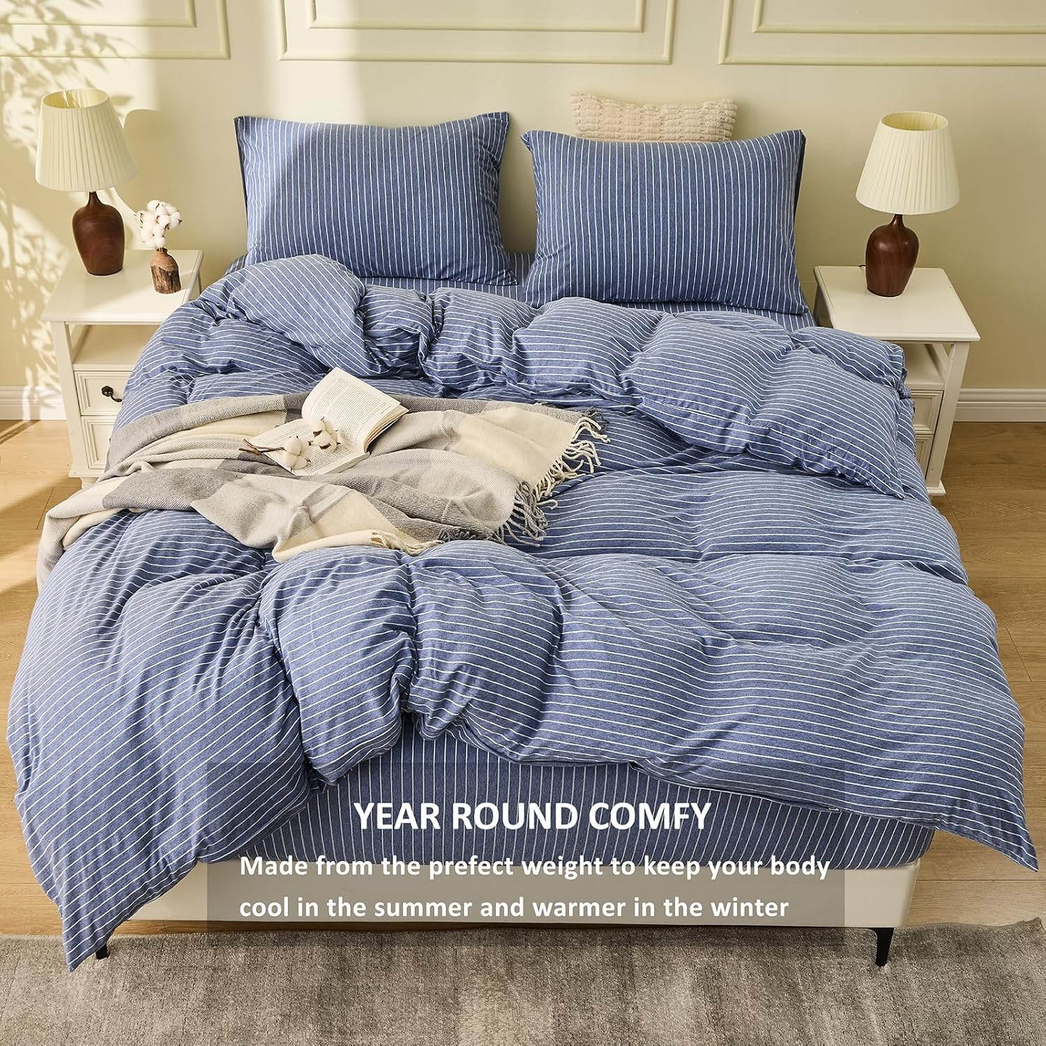 Jersey Cotton Knit Quilt Cover Set 100% Cotton T-Shirt Duvet Cover Set Super Soft Comfy 3Pc Cotton Doona Cover with Zipper Closure (Blue & White Pinstripe, Queen) image number 3