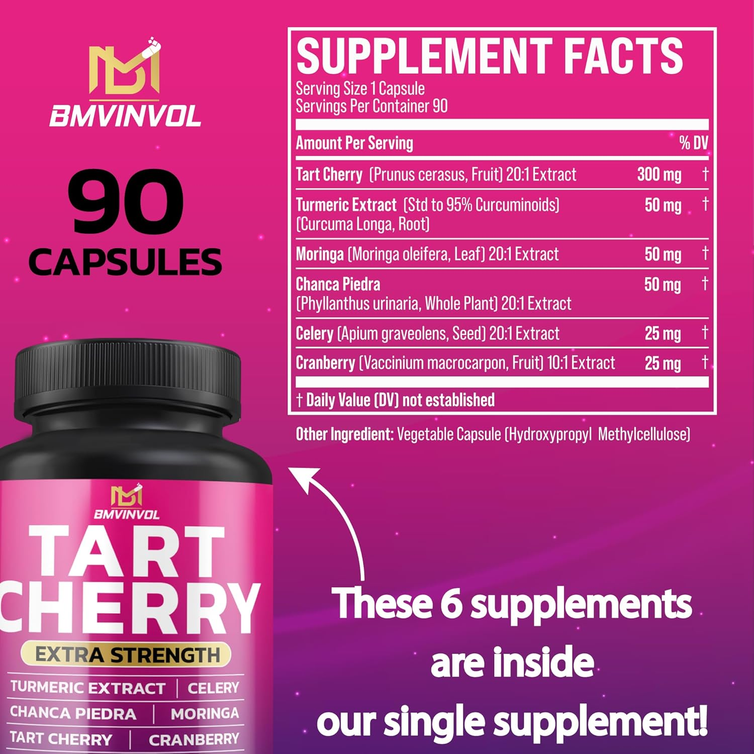 BMVINVOL Tart Cherry 20:1 Extract - plus Moringa, Chanca Piedra, Celery, Cranberry Extract and More - 90 Capsules - 3 Month Supply image number 4