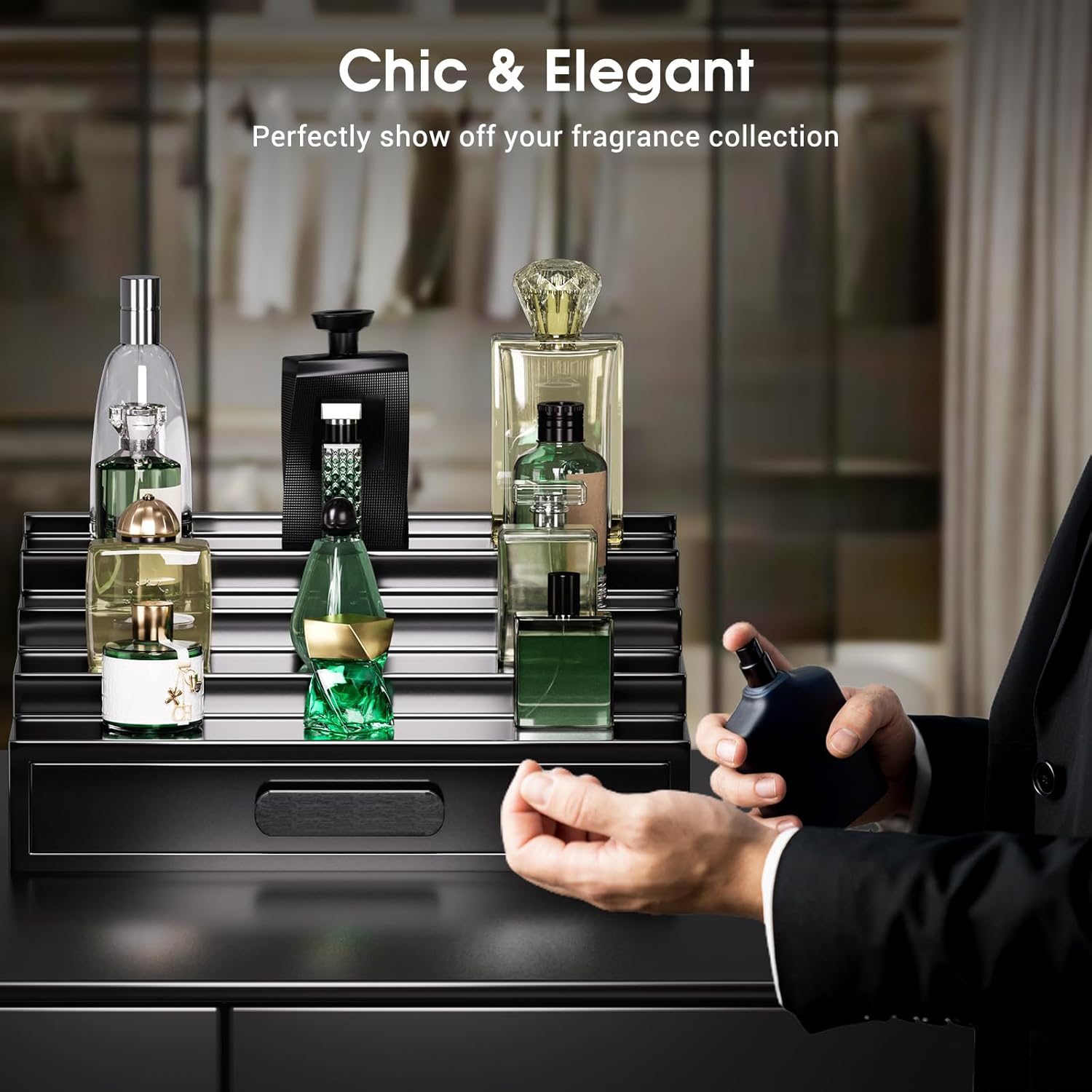 Procase 4 Tiers Lacquered Finish Wooden Cologne Organizer for Men, Perfume Display Stand Shelf with Drawer, Men'S Cologne Storage Rack, a Perfect Cologne Holder for Men -Black image number 5