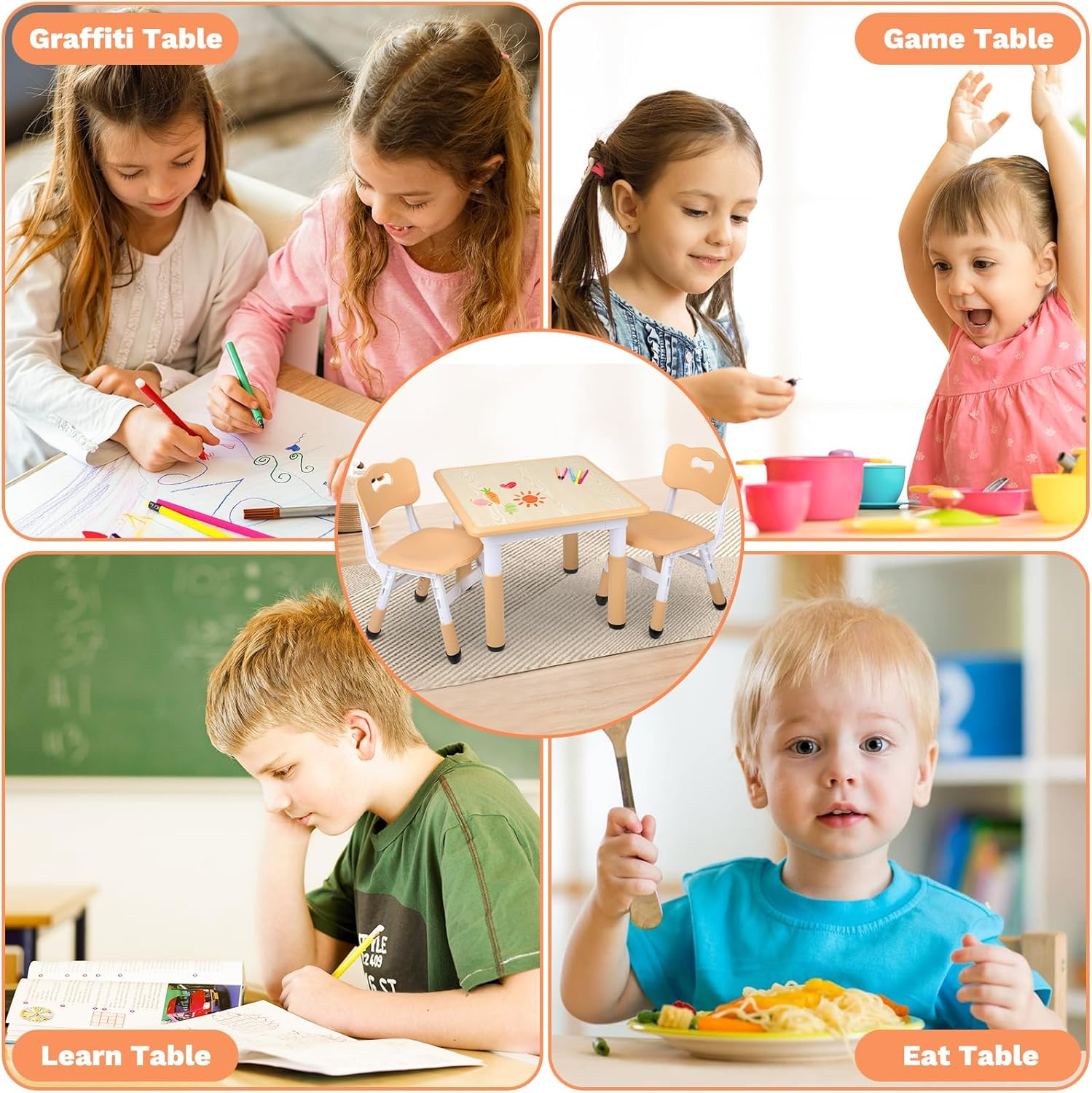 Omebel Kids Table and Chairs Set, Height Adjustable Toddler Table and Chair Set, Toddler Activity Table with Graffiti Top for Drawing Learning Play, Home Preschool Daycare, Ages 2-8 image number 5