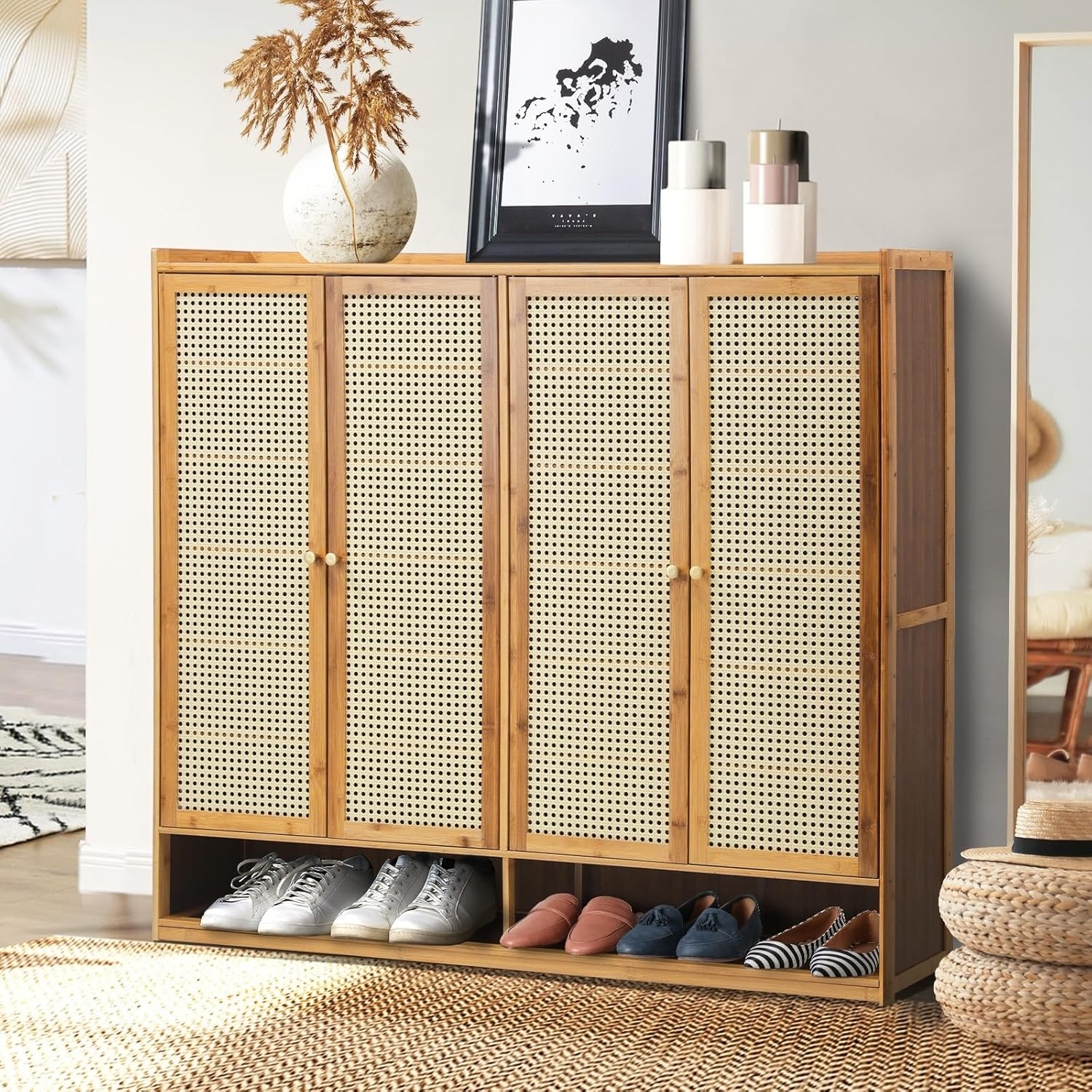 Oikiture Shoe Storage Cabinet with Rattan Door and 6 Tier Shelves Shoe Rack Storage Hallway Wooden image number 2