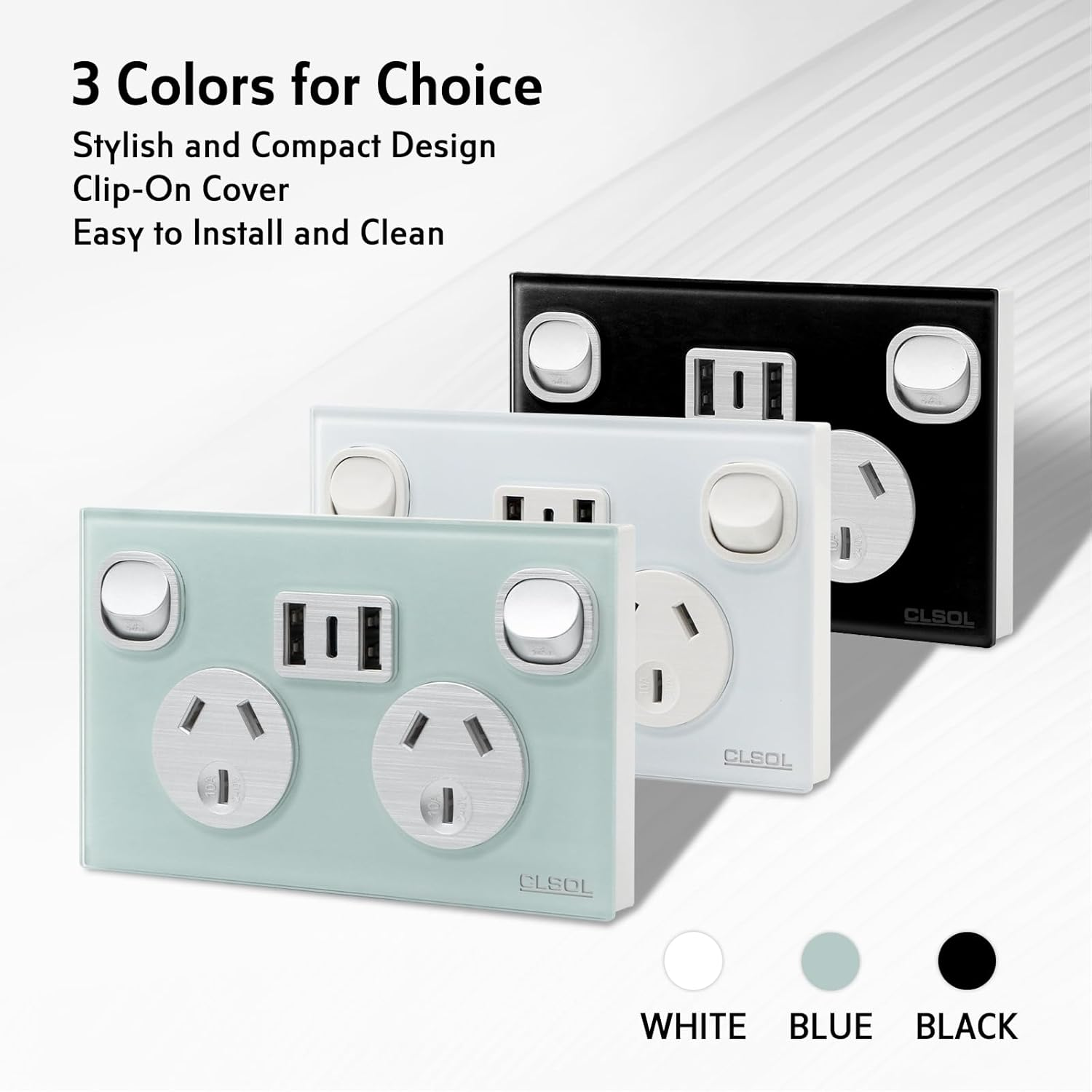 CLSOL, SAA Power Points, Light Switch, Glass Panel (White 2 Powerpoints+Usb)