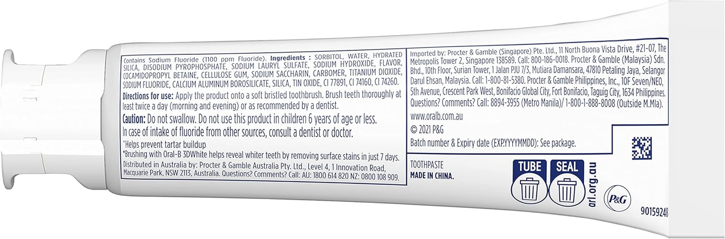 Oral-B 3Dwhite Strengthens Enamel Toothpaste 110G (Pack of 2)