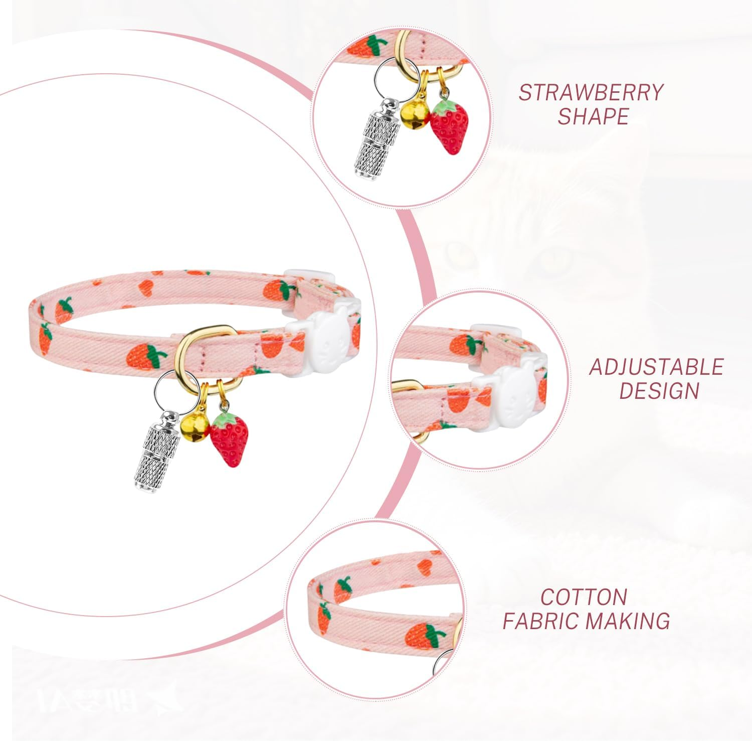 QIXNBL Pack of 2 Cat Collars and 2 Pieces Identity Pendants, Collars with Fruit Print, with Safety Buckle Design, Fashionable Collars, Cute Pets on the Road.