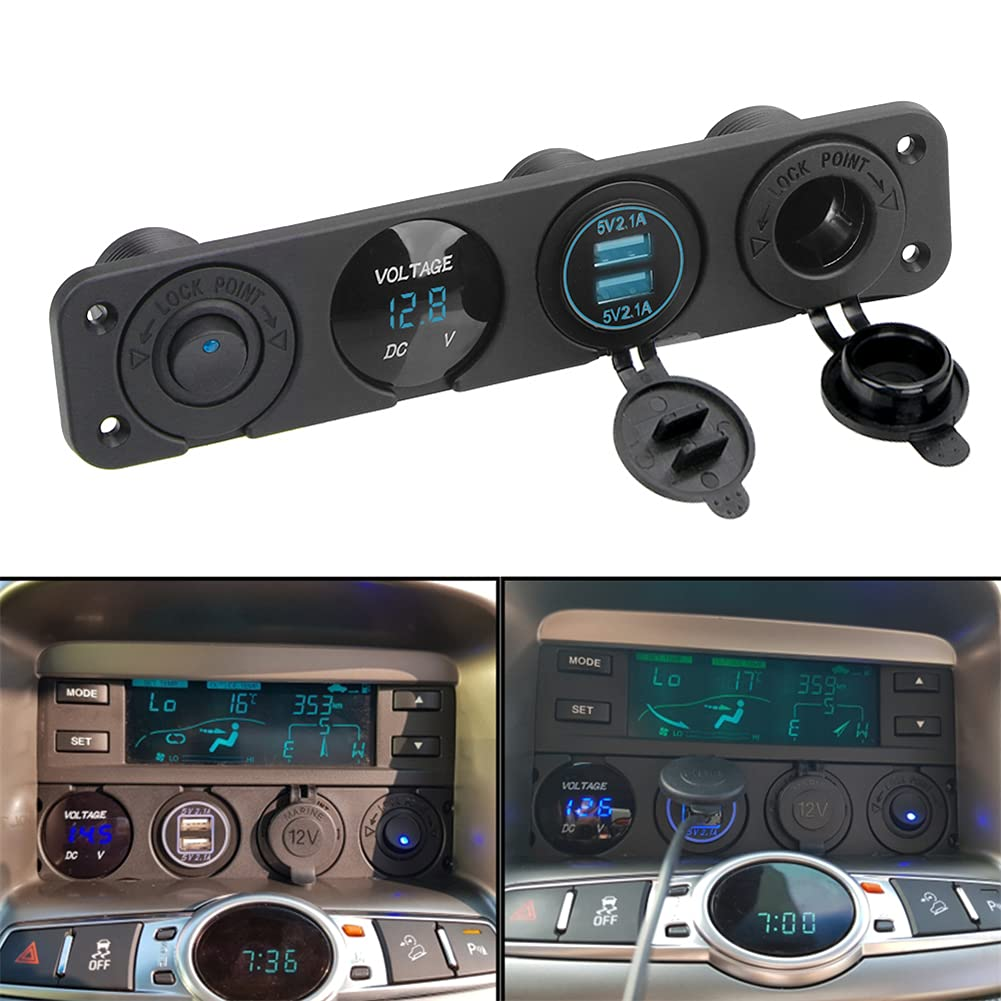 4 in 1 Charger Socket Panel, 2.1A&2.1A Dual USB Socket + LED Voltmeter + 12V Outlet + On-Off Toggle Switch 4In1 Control Panel for Car Boat Marine RV Truck Blue LED (Shipped from AU Warehouse) image number 6