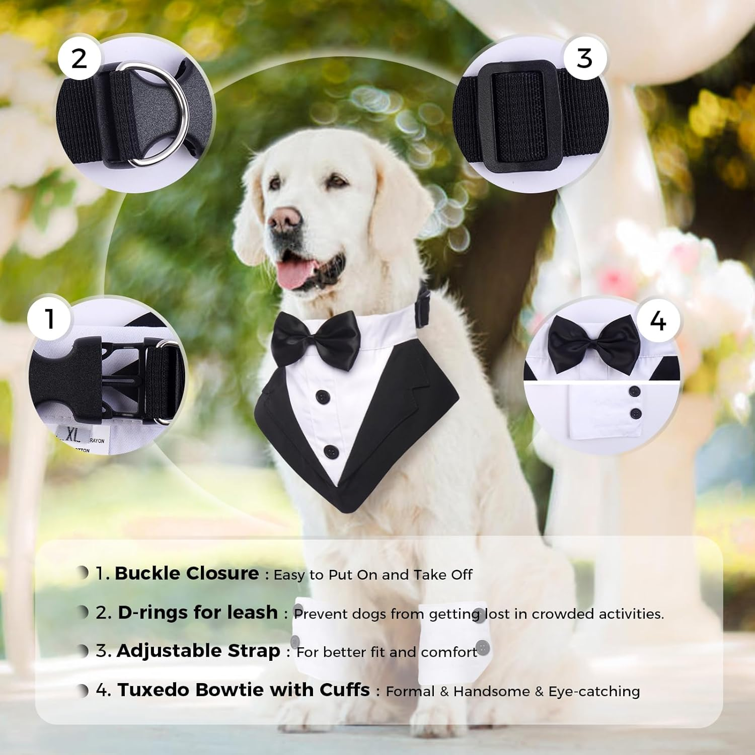 Lelepet Dog Tuxedo with Cuffs Dog Weeding Bandana Collar with Bowtie Adjustable Dog Tux with D-Ring Puppy Birthday Outfit Party Engagement Costume for Small Medium Large Dogs image number 2
