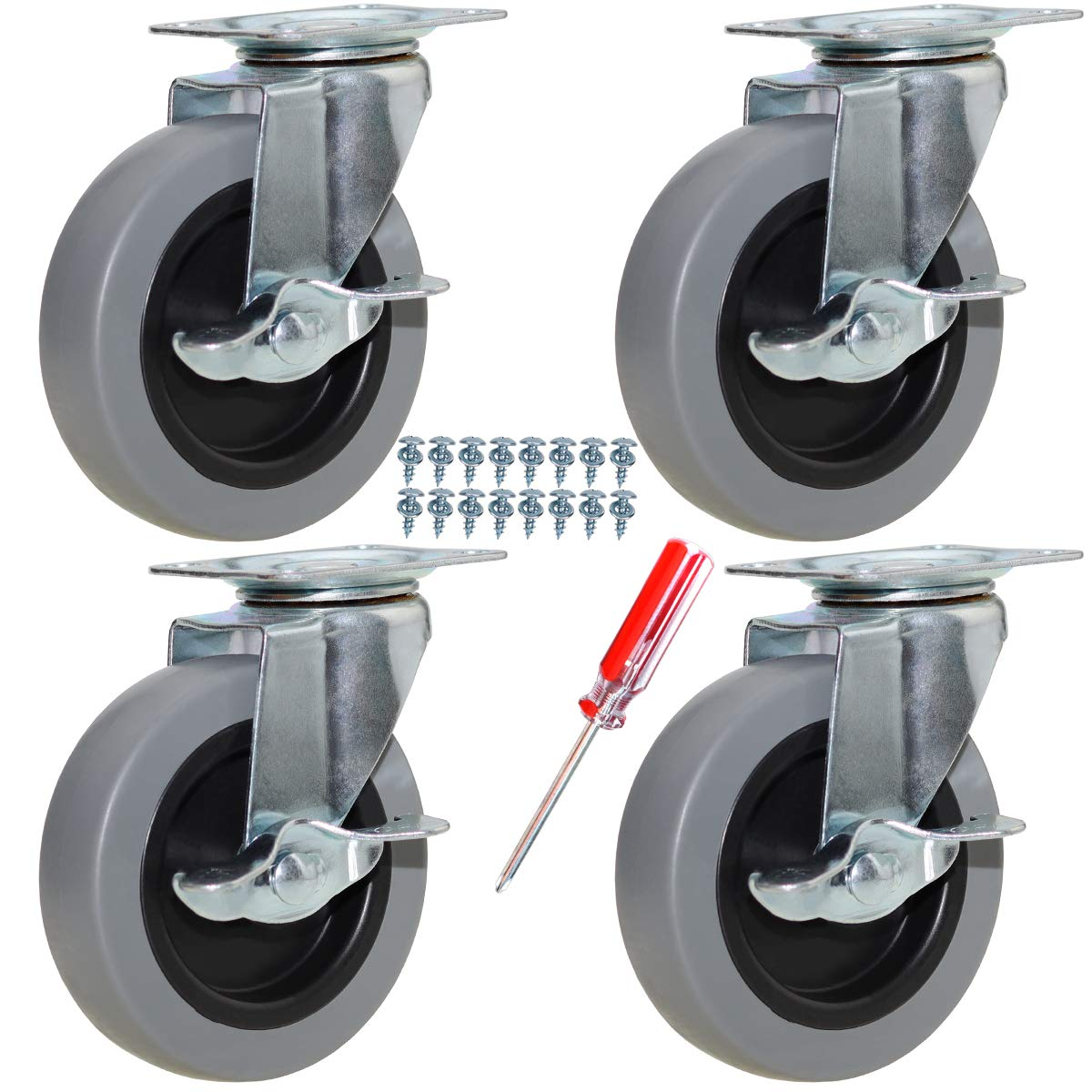 DICASAL Top Plate Casters 4 Inch Side Brake Wheels Durable Heavy Duty Casters Wear Resistant TPR Material Swivel Wheels Castors for Furniture Carts and DIY Tools 4 Pack image number 5