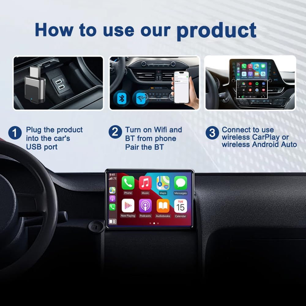 Wireless Carplay and Android Auto Adapter, 2-In-1 Mini Plug & Play Dongle, 5Ghz Wifi, Bluetooth, USB Powered, Compatible with Iphone 8+ Android 10+ Cars 2016+