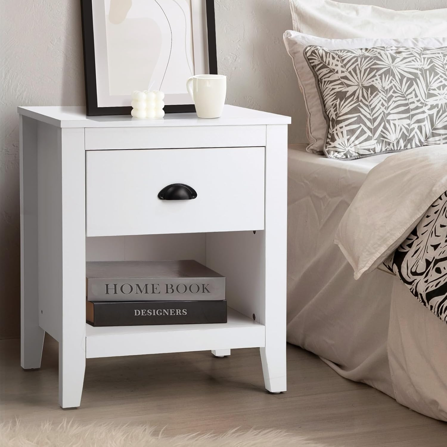 Oikiture White Bedside Table with 3 Drawers Wooden Bed Side Table End Table Nightstand