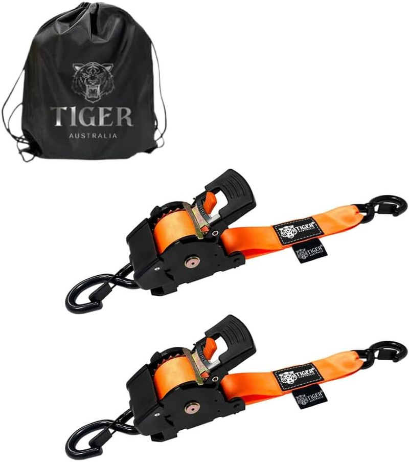 Tiger Australia Heavy Duty 50Mm X 4.5M Auto Retractable Ratchet Tie down Straps 2-Pack, 1600KG Heavy Duty, Upgraded to Stainless Steel Spring, S-Hooks & Storage Bag, for Trailers, Utes, Boats & Moving