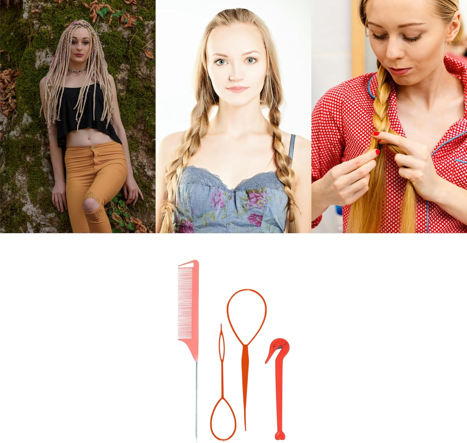 4 Piece Hair Braiding Tool Kit Professional Hair Styling Set for Perfect Braids, Includes Hook, Comb, Clips, and Accessories Ideal for Beginners and Expert (Red) image number 1