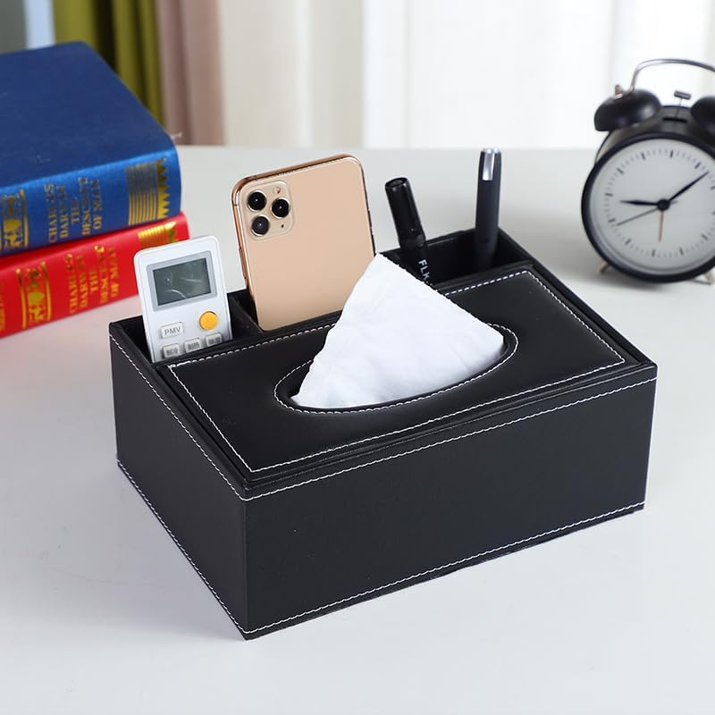 PU Leather Household Office Rectangular Tissue Box with Remote Control Storage Organizer Box (Black, One Size) image number 4