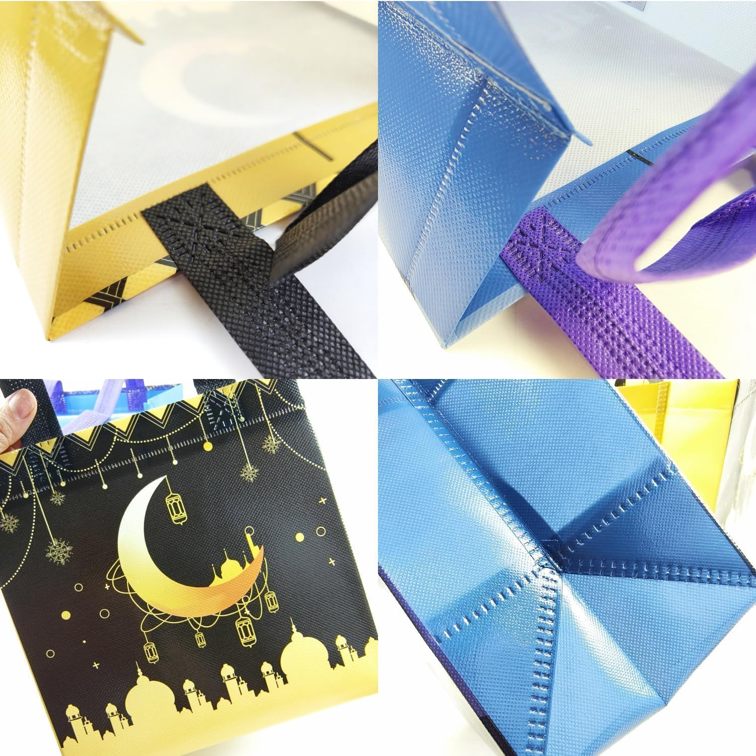 BEANPRECOY 8 Pcs Reusable Eid Mubarak Gift Bags, Ramadan/Eid Al-Adha Non-Woven Party Favors for Candy & Decor,20X20X15Cm Muslim Celebration Supplies Moon and Lantern Design,Black,White,Blue and Purple image number 3