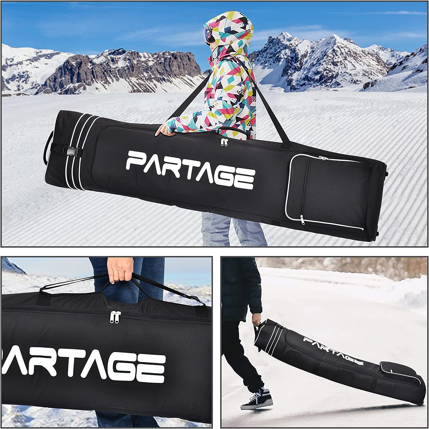 Snowboard Bag with Wheel, Store & Transport Snowboard up to 170 Cm, 600D Waterproof Oxford -Black image number 5