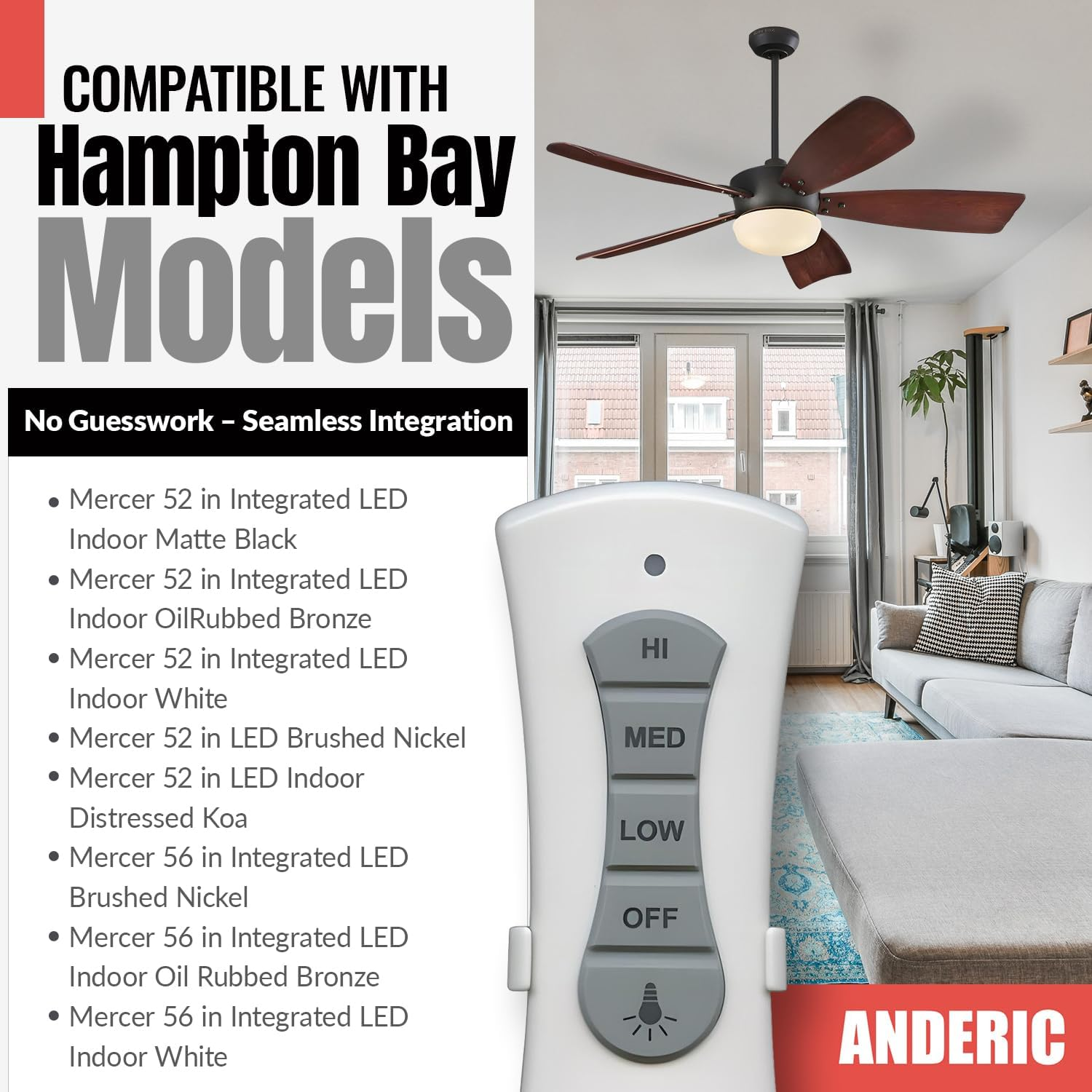 Anderic Slim Style UC7216T - Compatible with Hampton Bay/Harbor Breeze Ceiling Fans and Includes Wall Mount - Replaces: CHQ7216T, CHQ7078T, UC7078T, Fan-Hd, HD5 (Standard Slim - RR7216T) image number 6