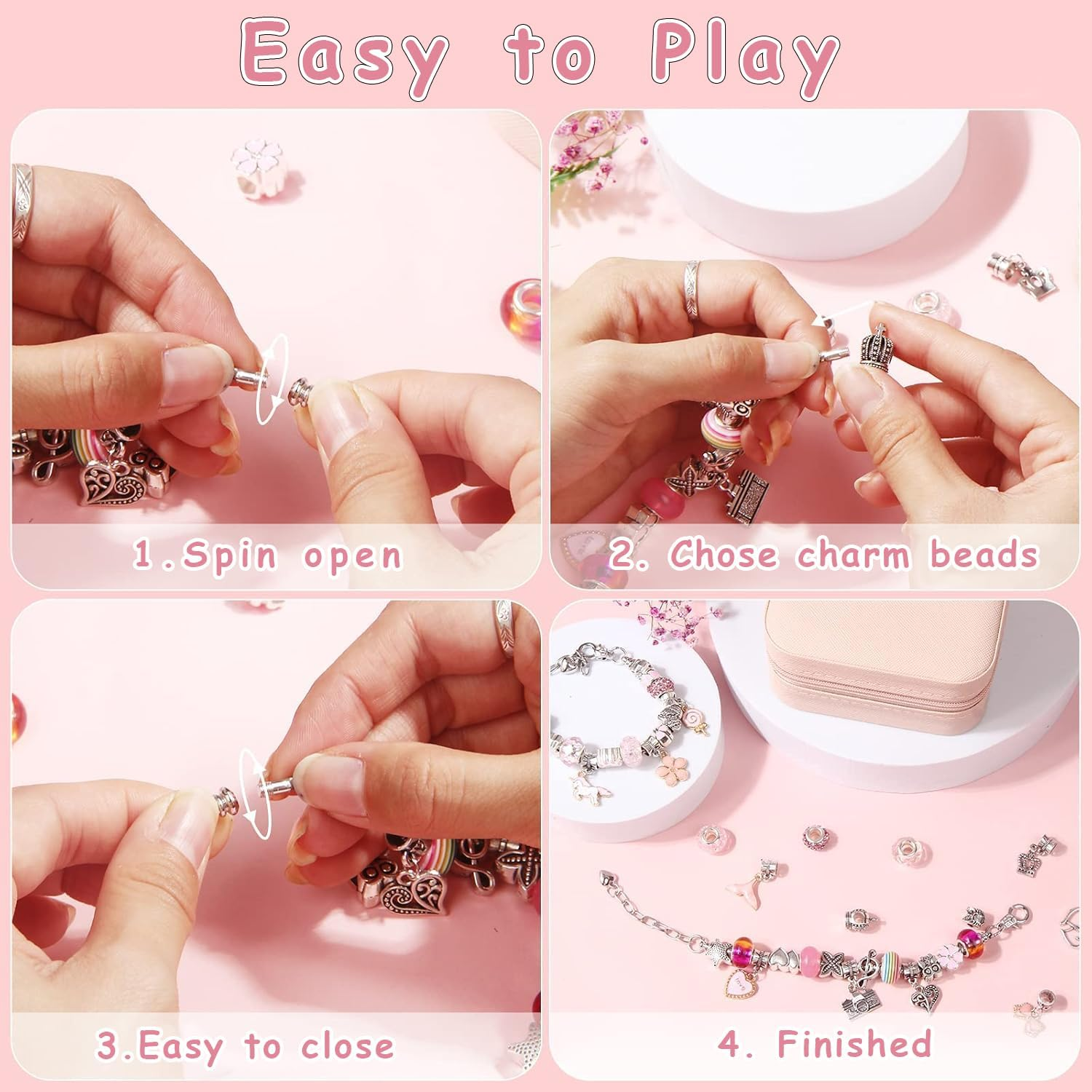 Charm Bracelet Making Kit for Girls, 68Pcs Charm Bracelets Kit with Jewelry Box, Jewelry Charms, Bracelets for DIY Craft, Jewelry Gift Adults and Kids, Present for 8-12 Year Old Girl Colorful (Pink)