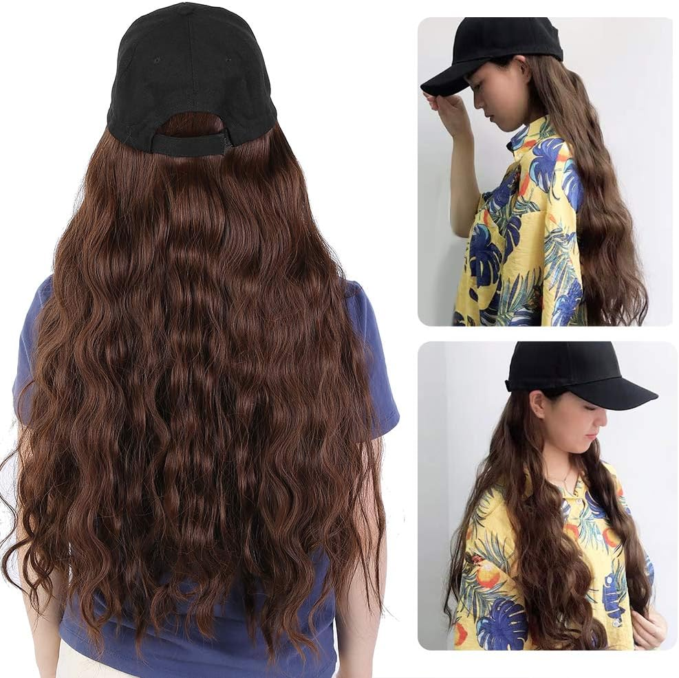 Baseball Cap Wig Long Wavy Hair, Baseball Cap with Hair Extensions for Women Adjustable Hat, Baseball Hat with Long Wavy Hair Wigs Fashion Women Girl Hat Wig Light Brown image number 6