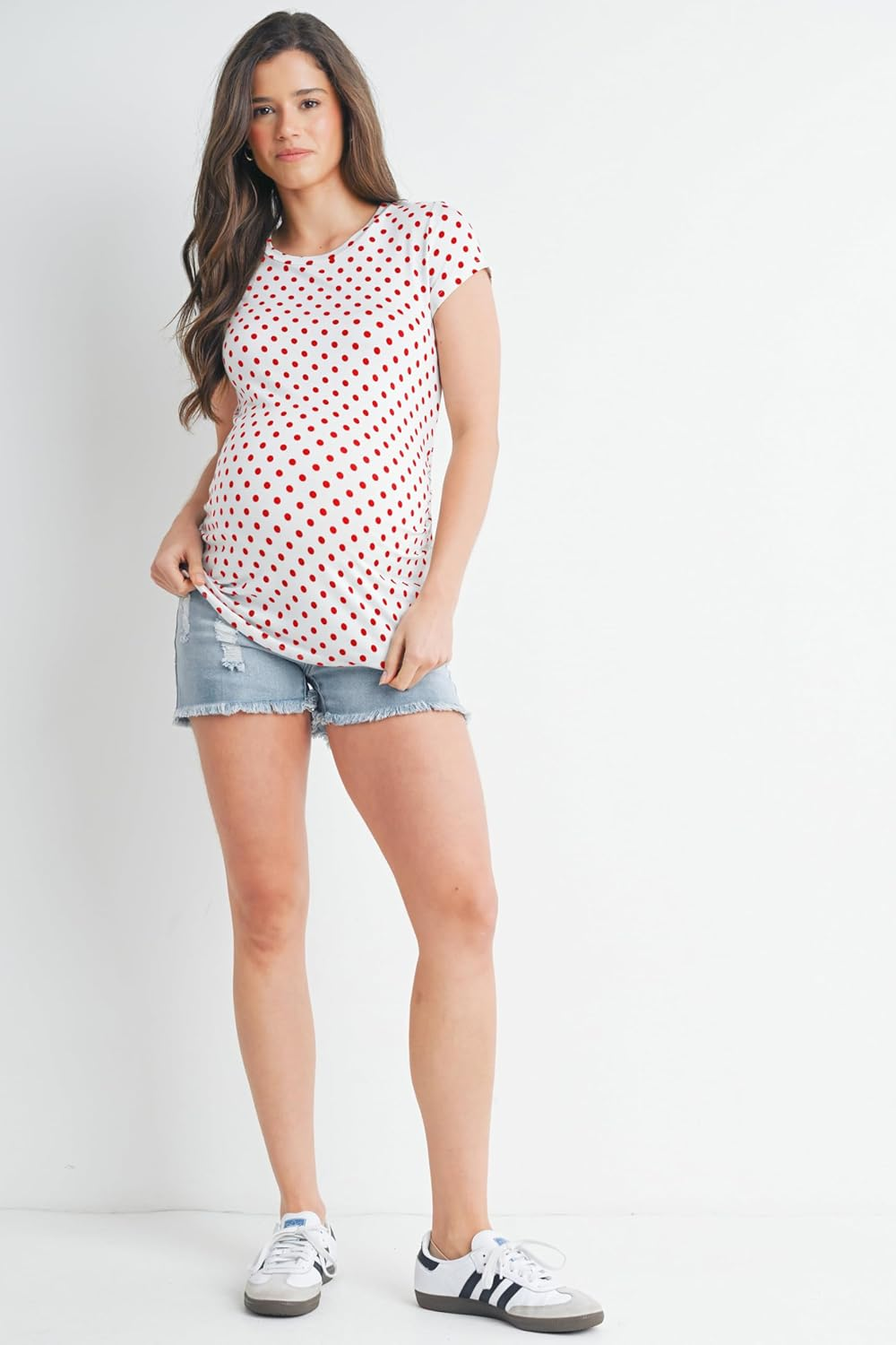 Women'S Short Sleeve Crewneck Shirt Ruched Polka Dot Maternity Top image number 6