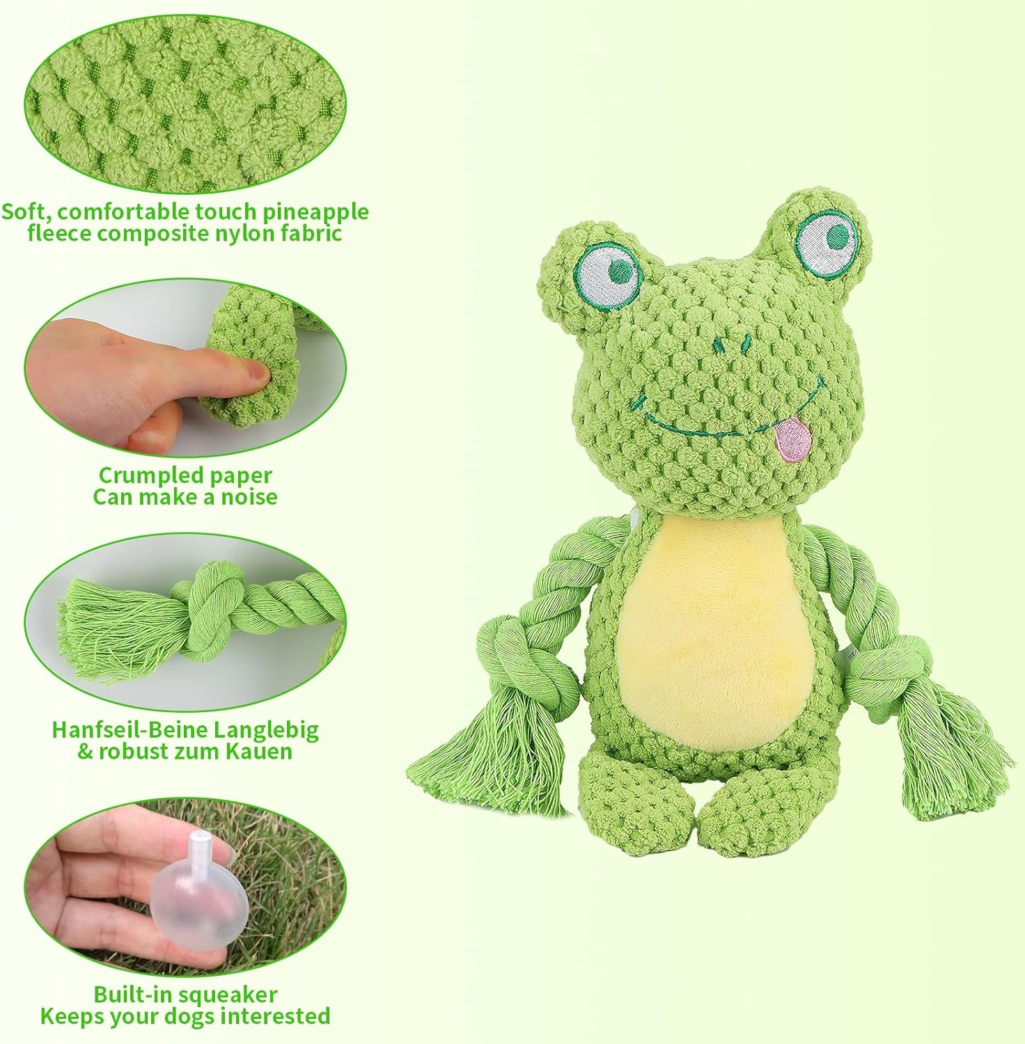 AKONE Dog Toy: Chew Toy, Squeaky, Interactive Plush Toy for Small and Medium Dogs, Frog Shape Chew Rope Toy image number 3