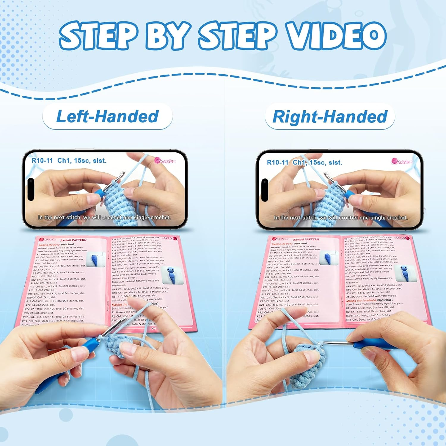 SGIBYN Crochet Kit for Beginners, 11.8 Inch Large Axolotl Amigurumi Crochet Kit with Step-By-Step Video Tutorials, Animal DIY Knitting Craft Kit for Women, Teens & Adults image number 3