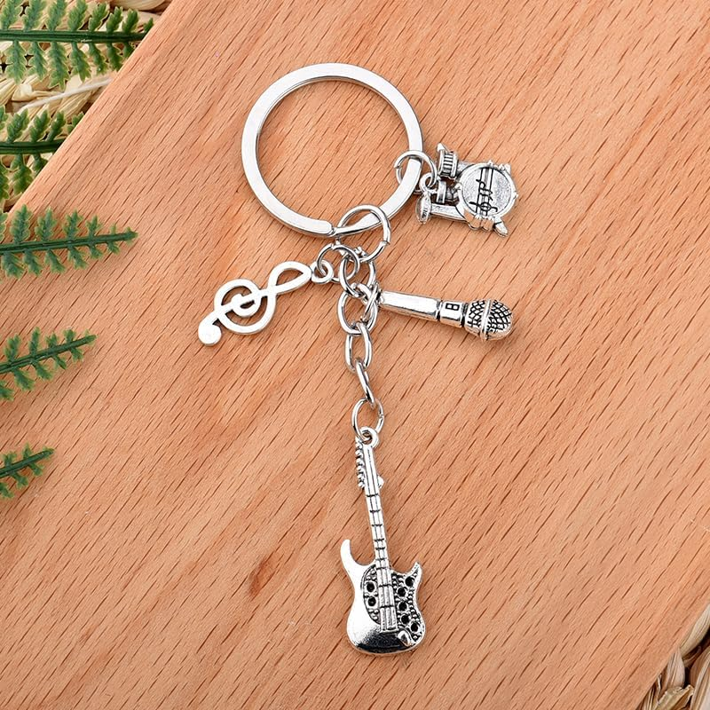 YALLNASL Music Themed Keychain for Musicians, Singers, Drummers & Guitarists - Silver, Novelty Style with Stainless Steel Music Notes & Instruments - Unisex Adults