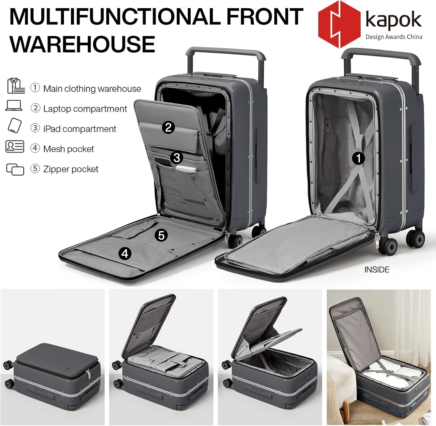 Mixi Checked Luggage with Wide Handle Front Laptop Pocket&ndash;Premium PC Hardside Suitcase with Aluminium Frame,Spinner Wheels,Combination Lock,With Cover,Ideal for Business and Travel,24 Inch,Rock Grey image number 7